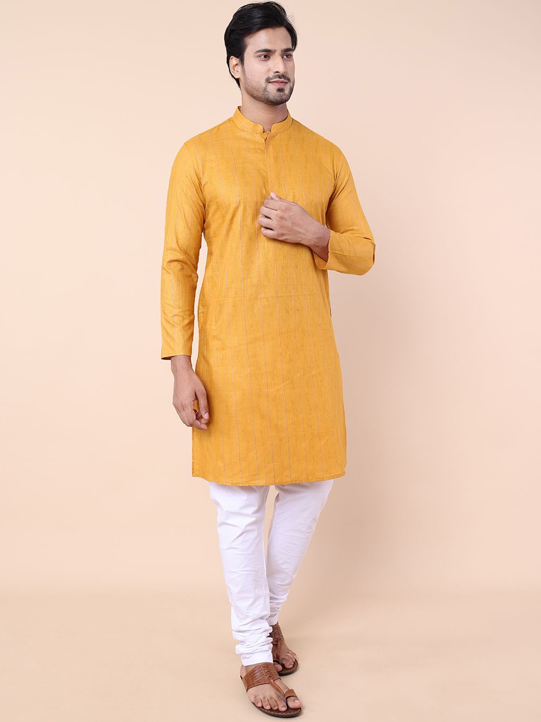 

NAMASKAR Striped Mandarin Collar Pure Cotton Kurta With Churidar, Yellow