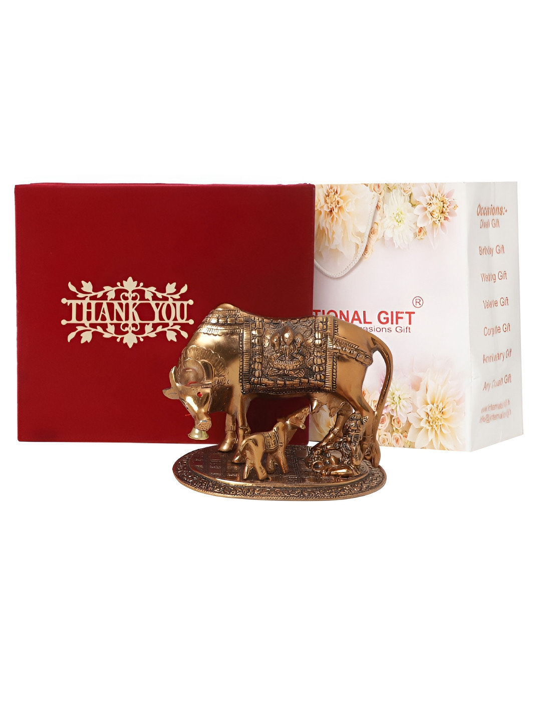 

INTERNATIONAL GIFT Kamdhenu Cow With Calf & Laddu Gopal Statue Velvet Box & Carry Bag, Copper