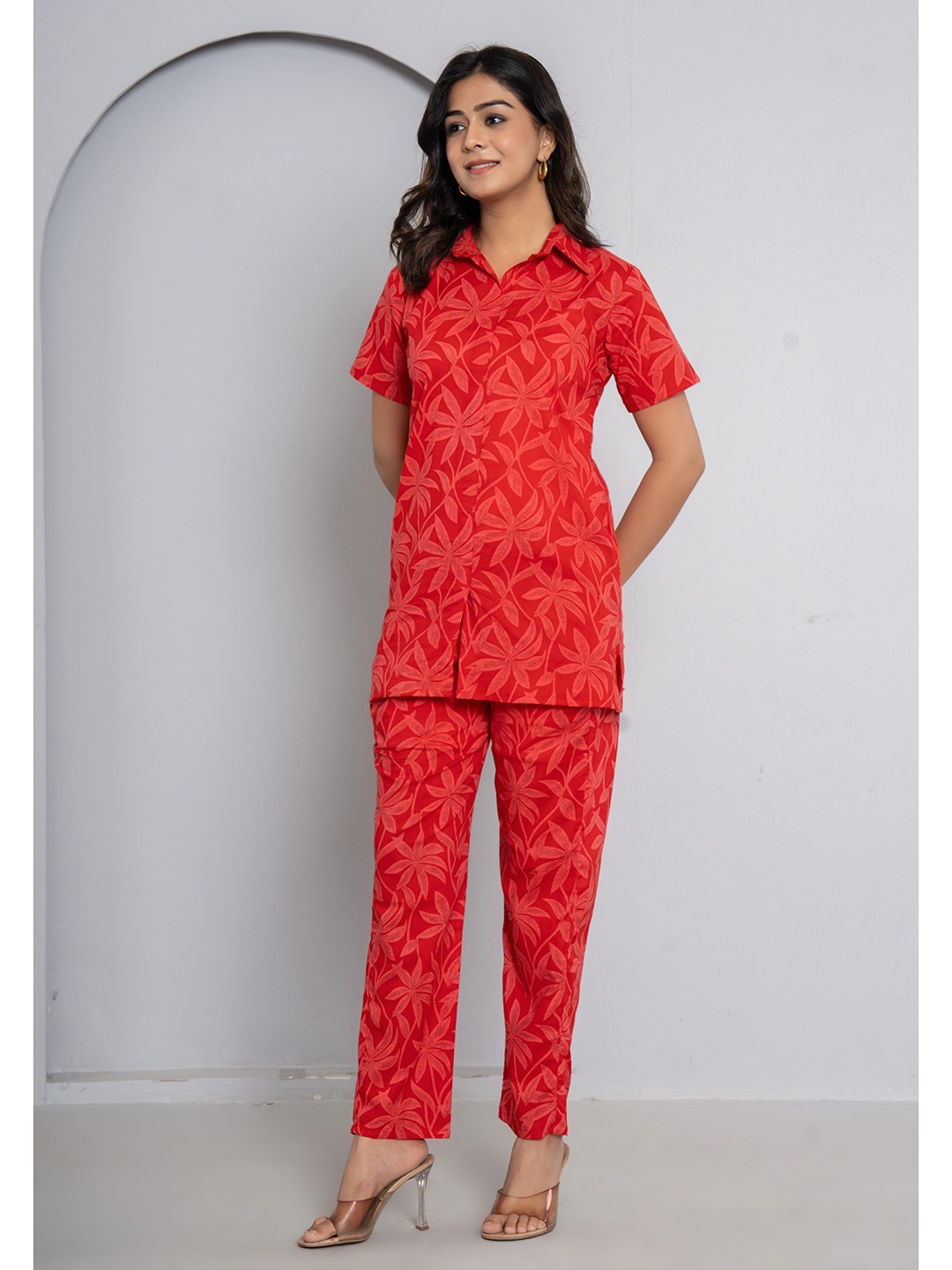 

JAIPURI BUNAAI Printed Pure Cotton Tunic & Trousers, Red