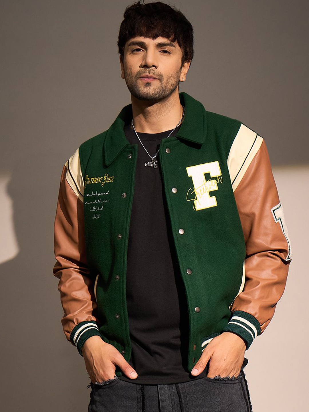 

FUGAZEE Men Brand Logo Embroidered Varsity Jacket, Green