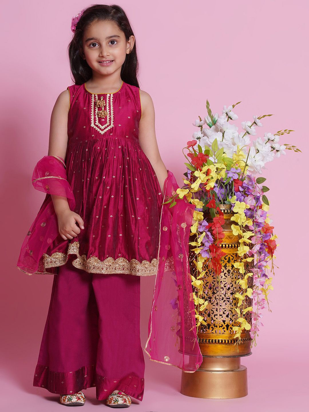 

Little Bansi Girls Ethnic Embroidered Chanderi Cotton A-Line Kurta with Palazzo & Dupatta, Pink