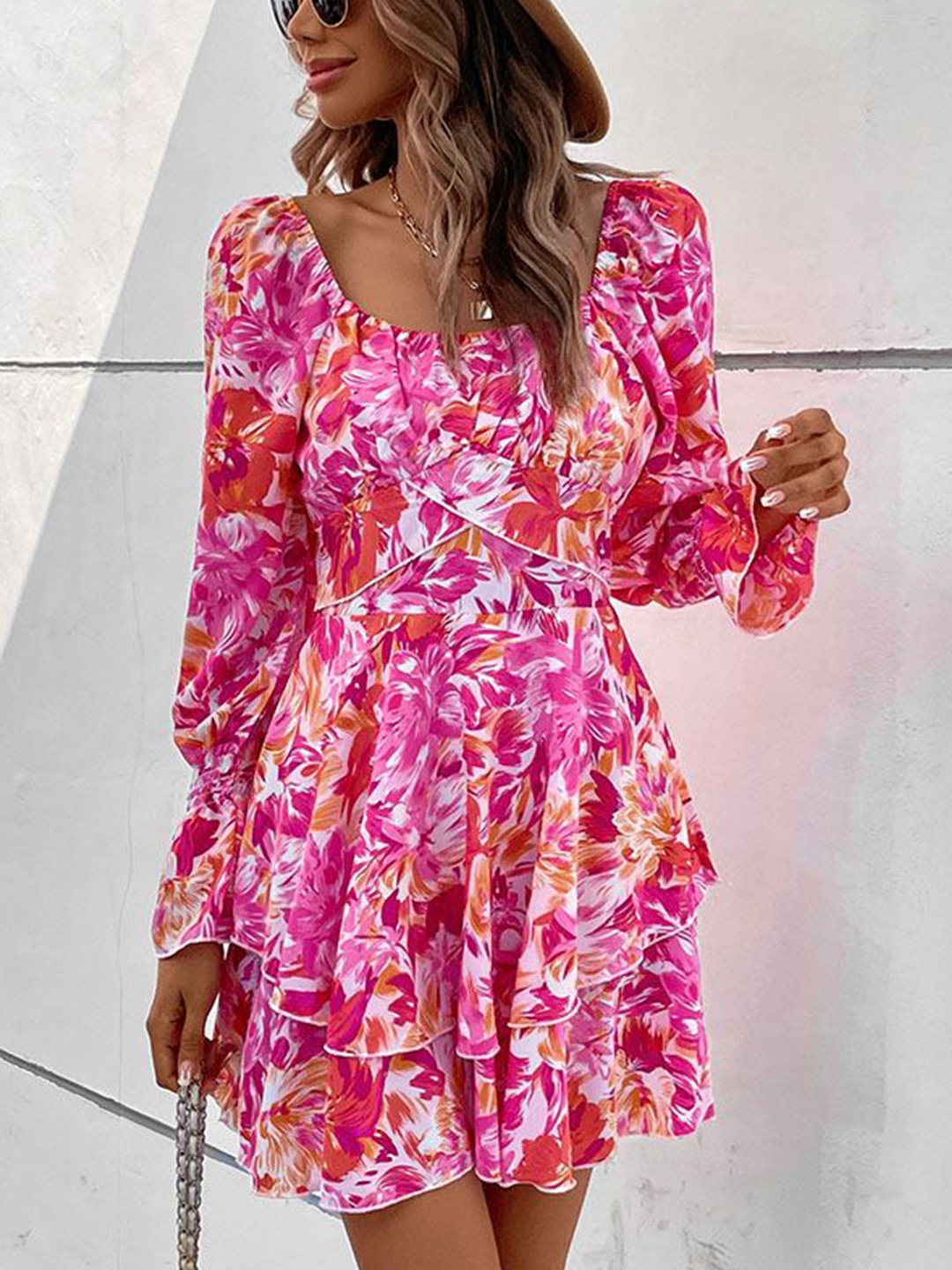 

HERE&NOW Women Floral Printed V-Neck Fit & Flare Dress, Pink