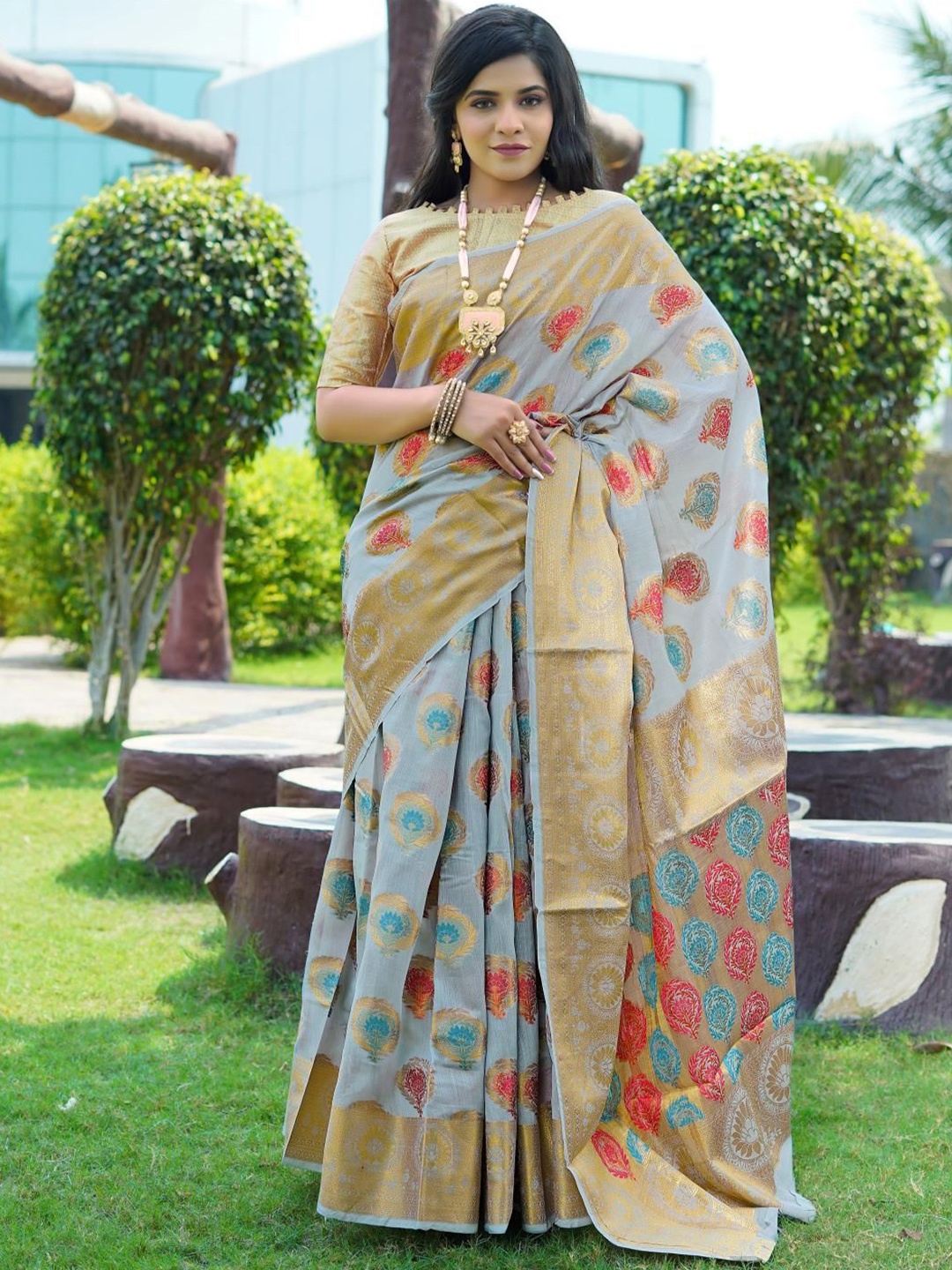 

Areca Designer Ethnic Motifs Zari Linen Blend Banarasi Saree, Grey