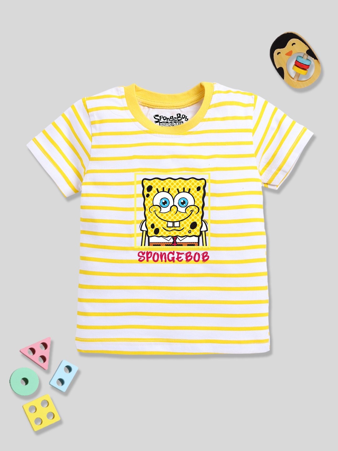 

YK X Minute Mirth Infant Boys Spongebob Striped Pure Cotton T-shirt, Yellow