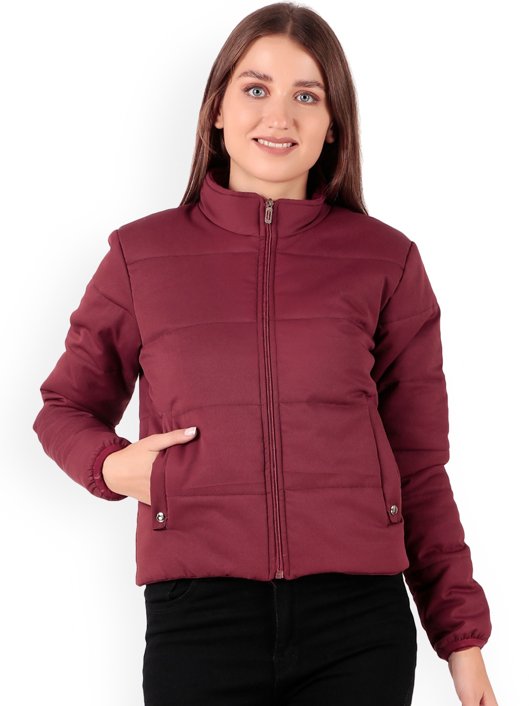 

Brazo Women Mock Collar Padded Jacket, Maroon