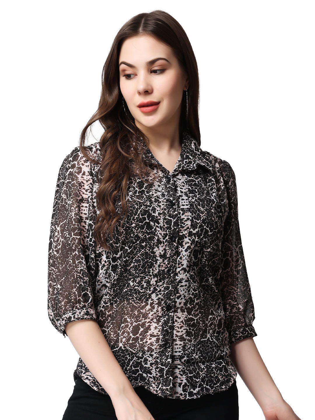 

BAESD Women Classic Spread Collar Abstract Printed Casual Shirt, Black