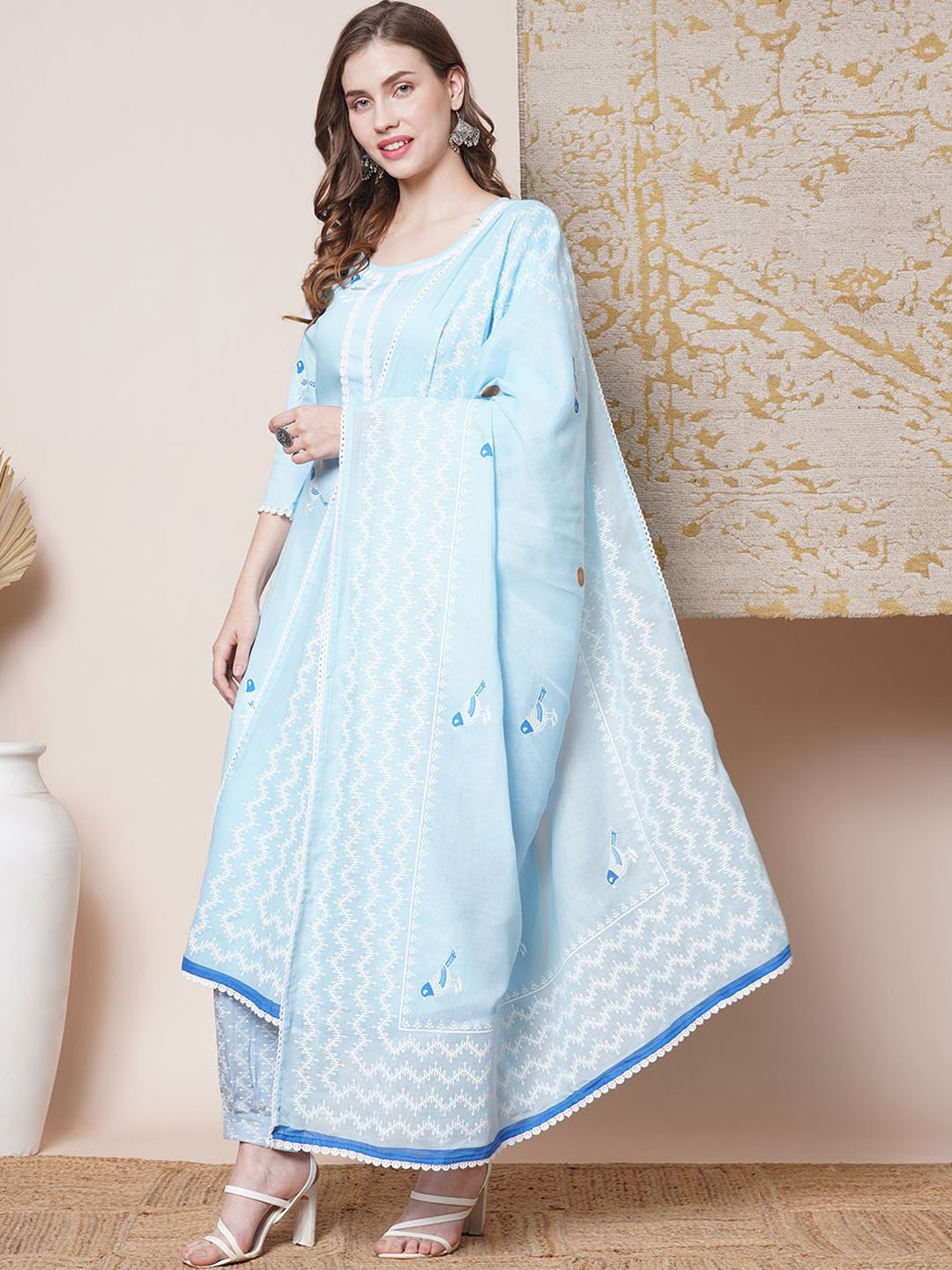 

Anni Designer Abstract Printed Regular Straight Kurta with Trousers & Dupatta, Blue