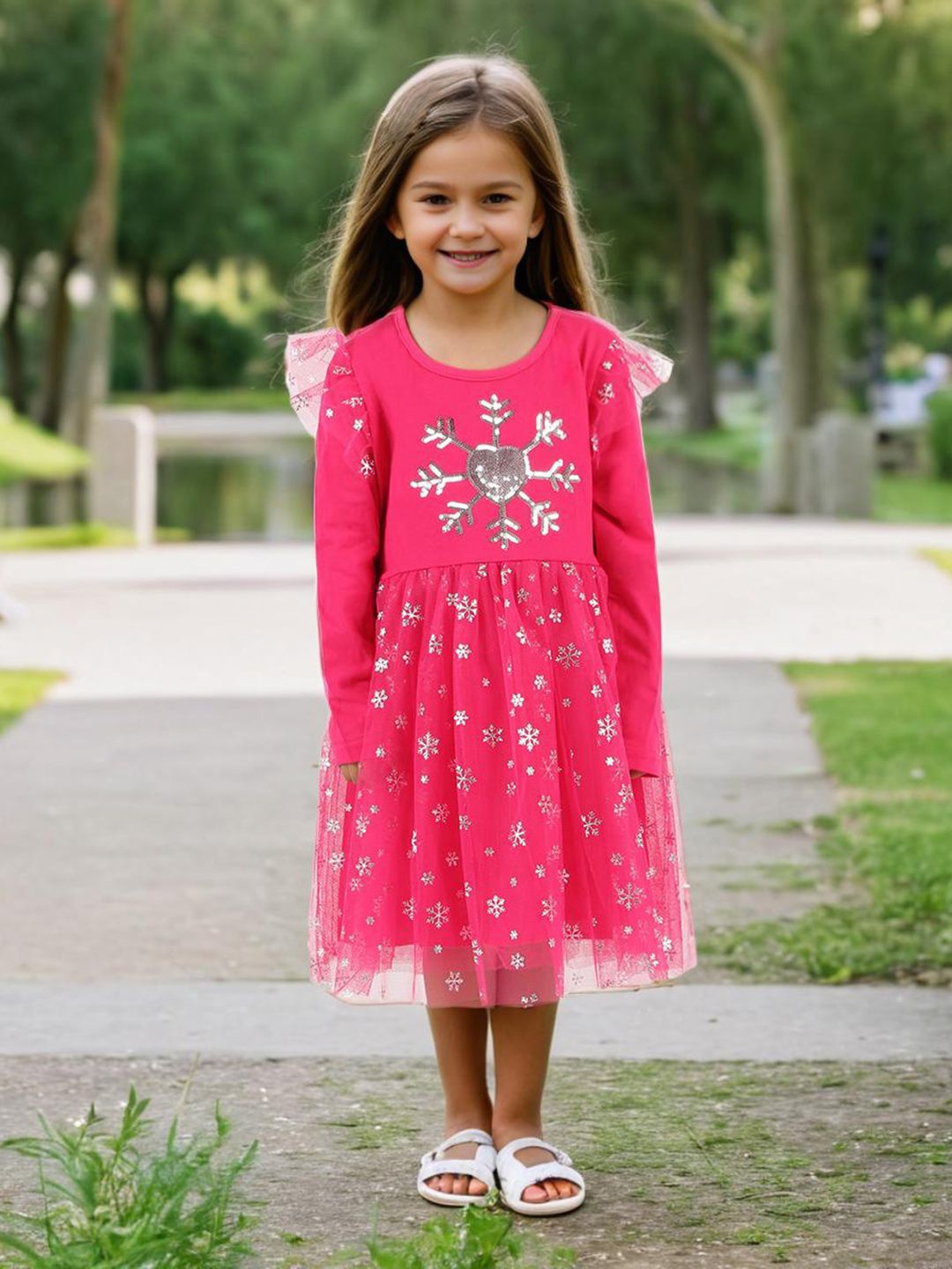 

INCLUD Girls Sequined Embellished Embroidered Fit & Flare Dress, Fuchsia