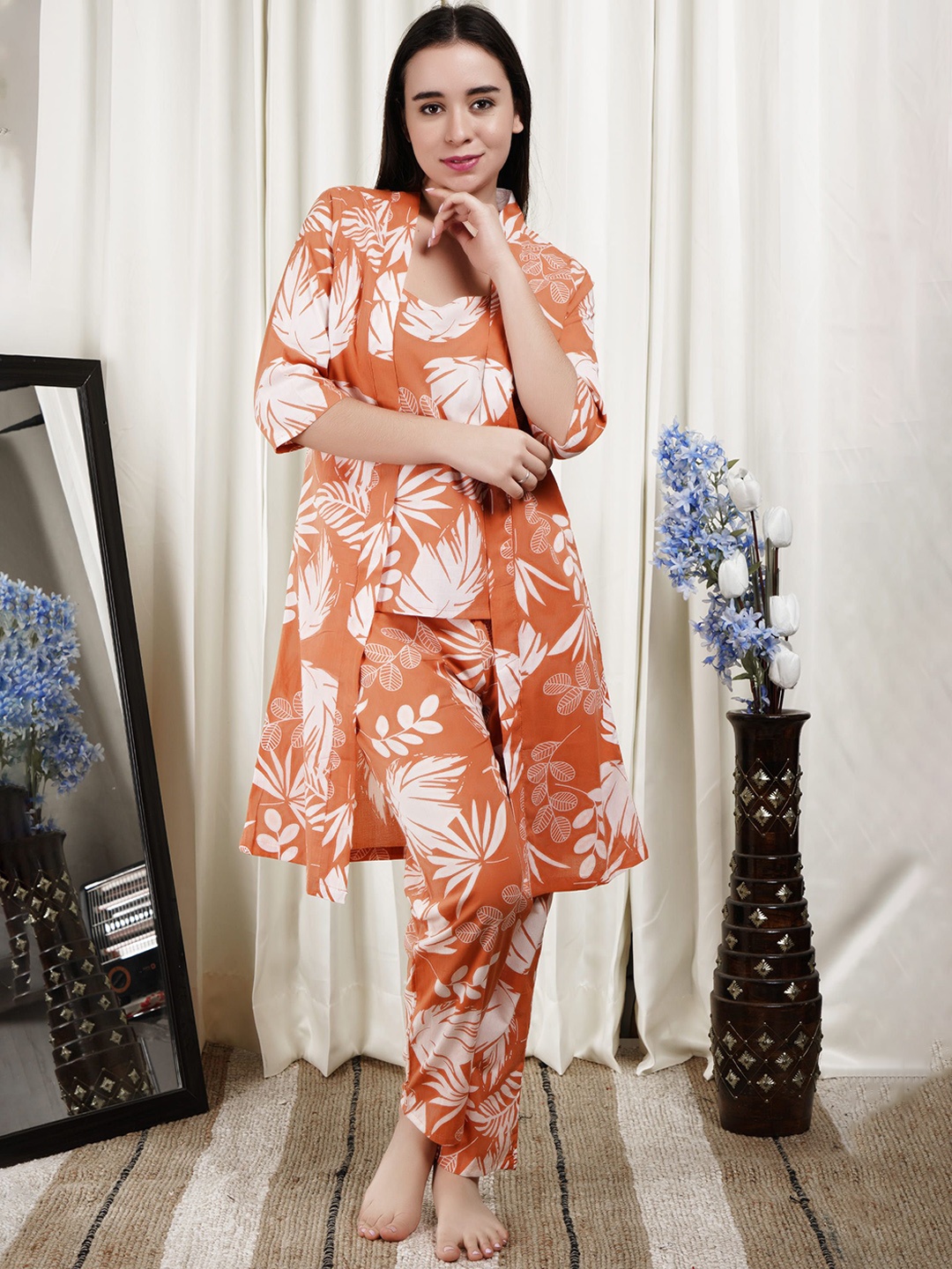 

ALLEN WEAVE Women Printed Pure Cotton Night suit, Orange