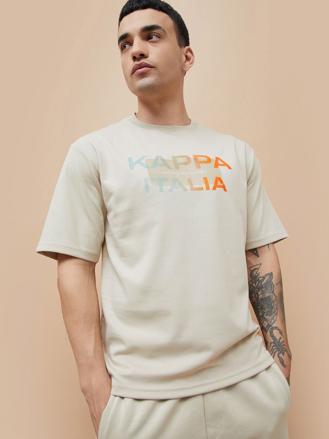 

Kappa Men Typography Printed Round Neck Cotton T-shirt, Beige