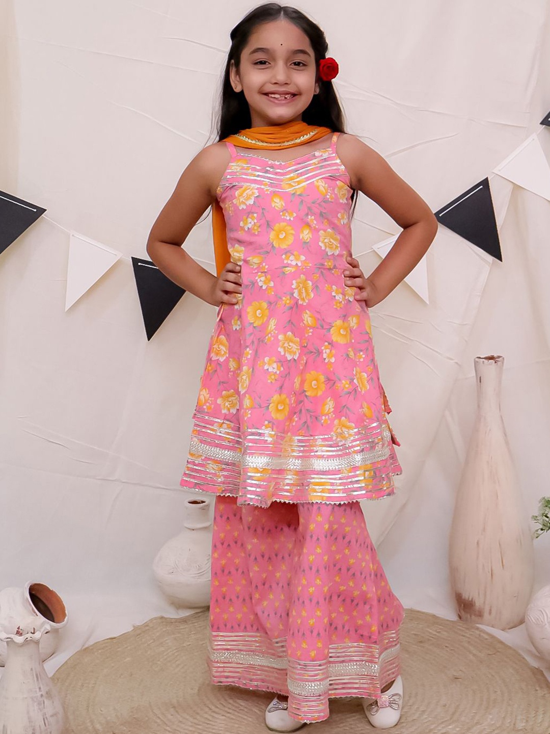 

Ka-mee Girls Floral Printed Gotta Patti Pure Cotton A-Line Kurta with Sharara & Dupatta, Pink