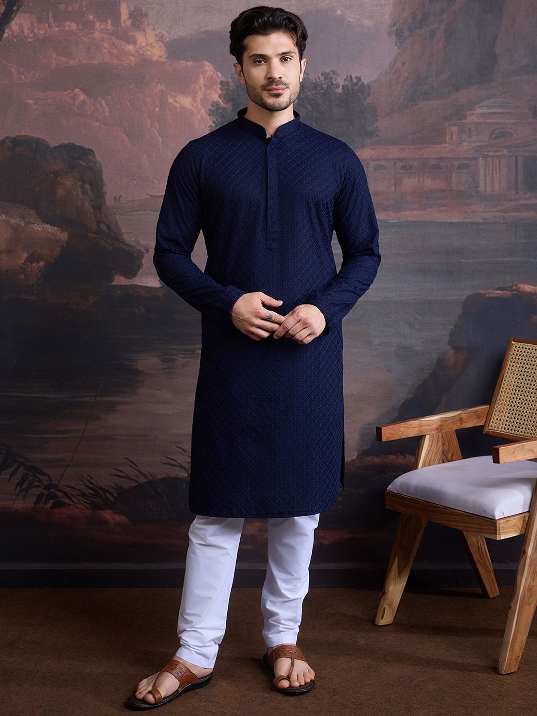 

House of Pataudi Floral Embroidered Chikankari Cotton Straight Kurtas, Blue