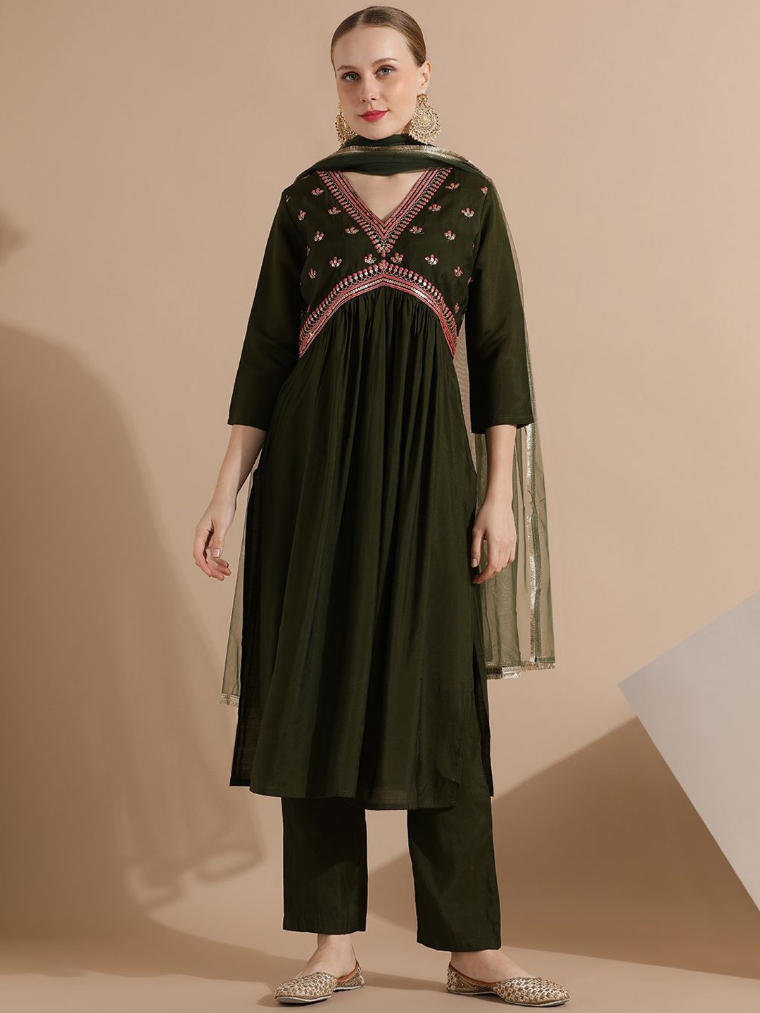 

Jaipur Kurti Festive Embroidered A-Line Kurta Set With Dupatta, Green
