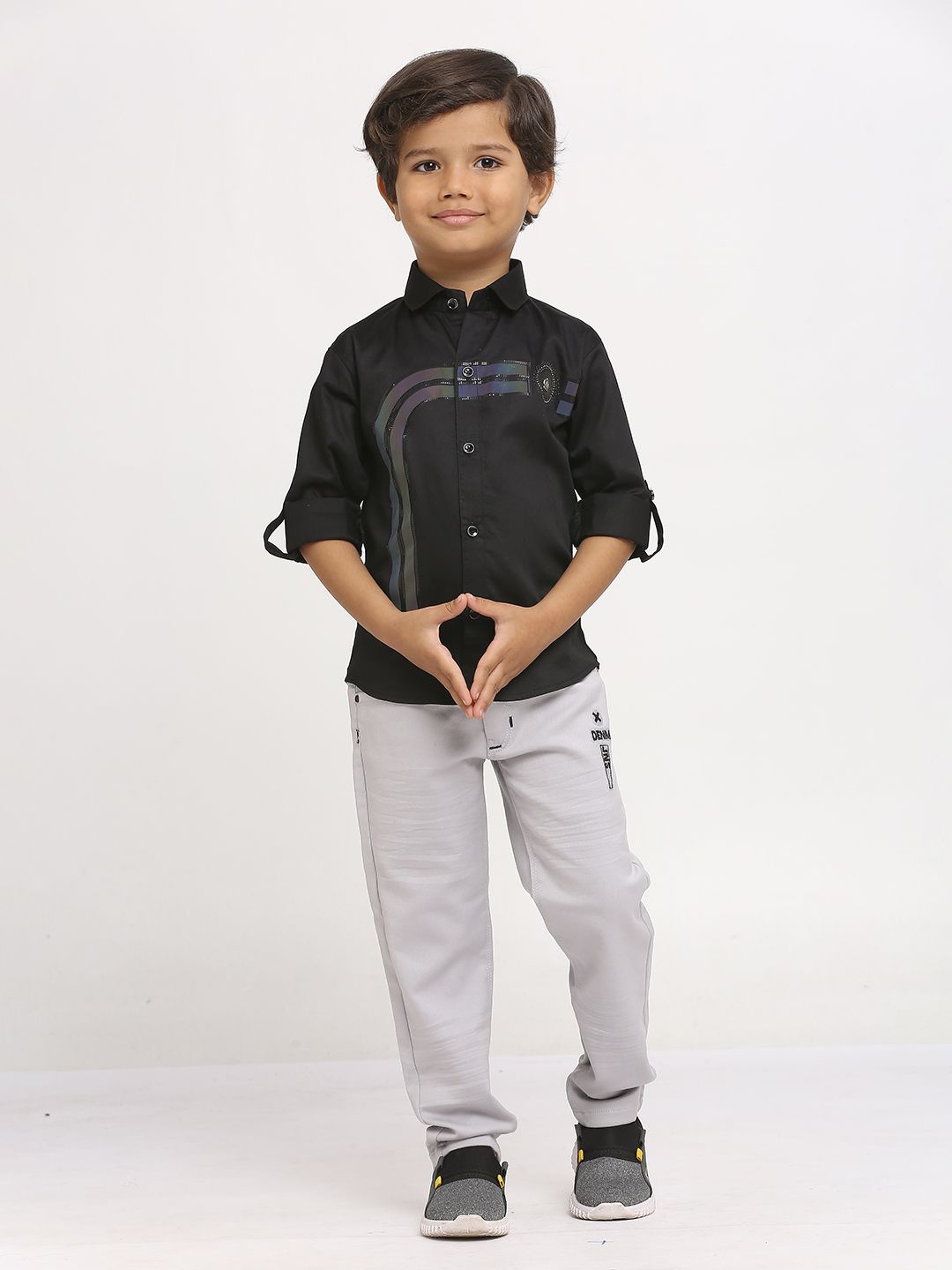 

YK Boys Embellished Long Sleeves Cotton Blend Shirt With Trousers, Black