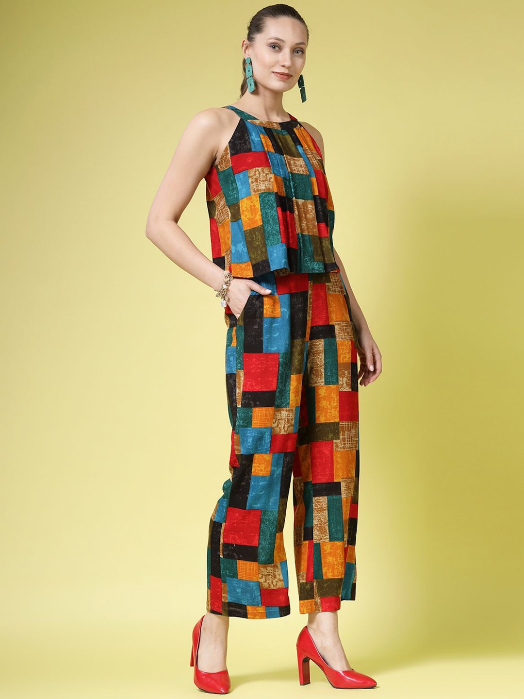 

BEING NAUGHTY Printed Halter Neck Top With Trouser, Red