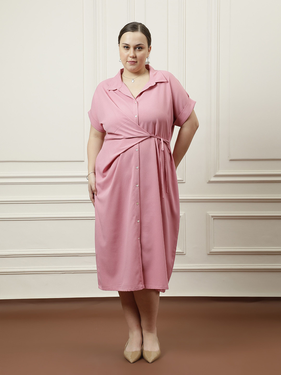 

Athena Ample Print Shirt Midi Dress, Pink