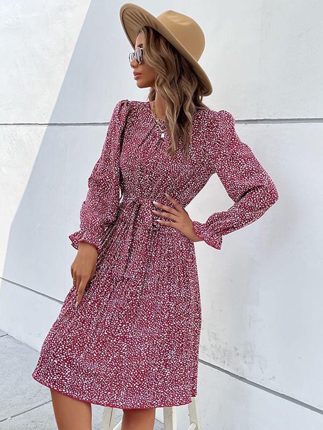 

HERE&NOW Women Abstract Printed Round Neck Puff Sleeves A-Line Dress, Red