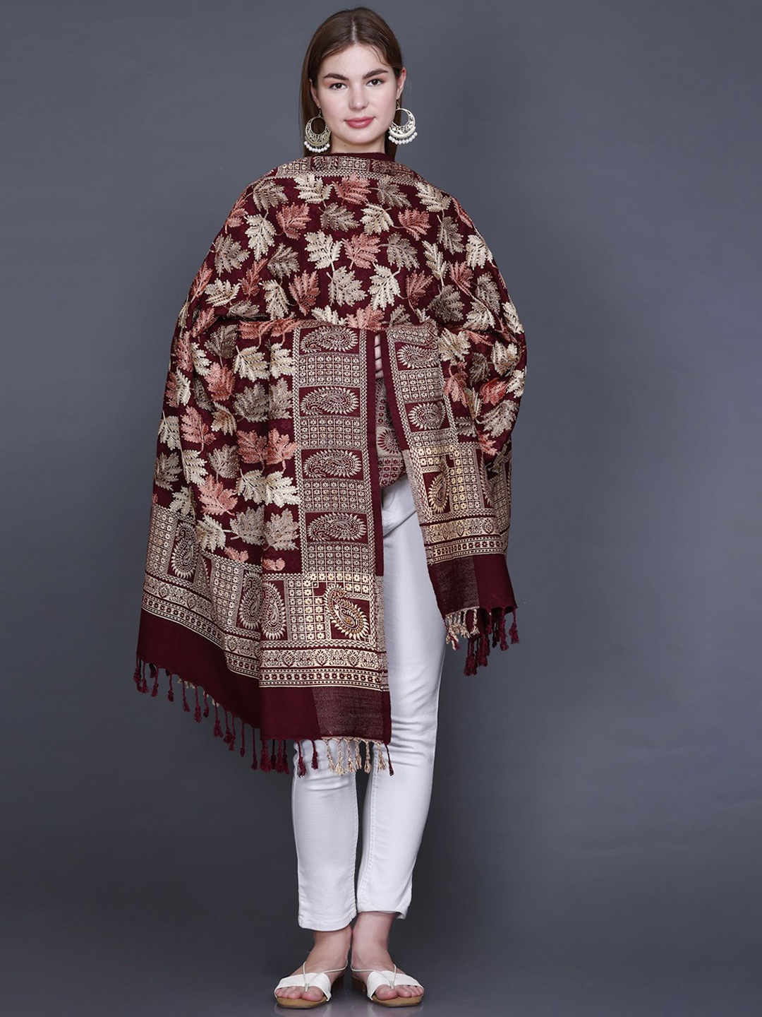 

GODFREY Floral Embroidered Woolen Shawl, Burgundy