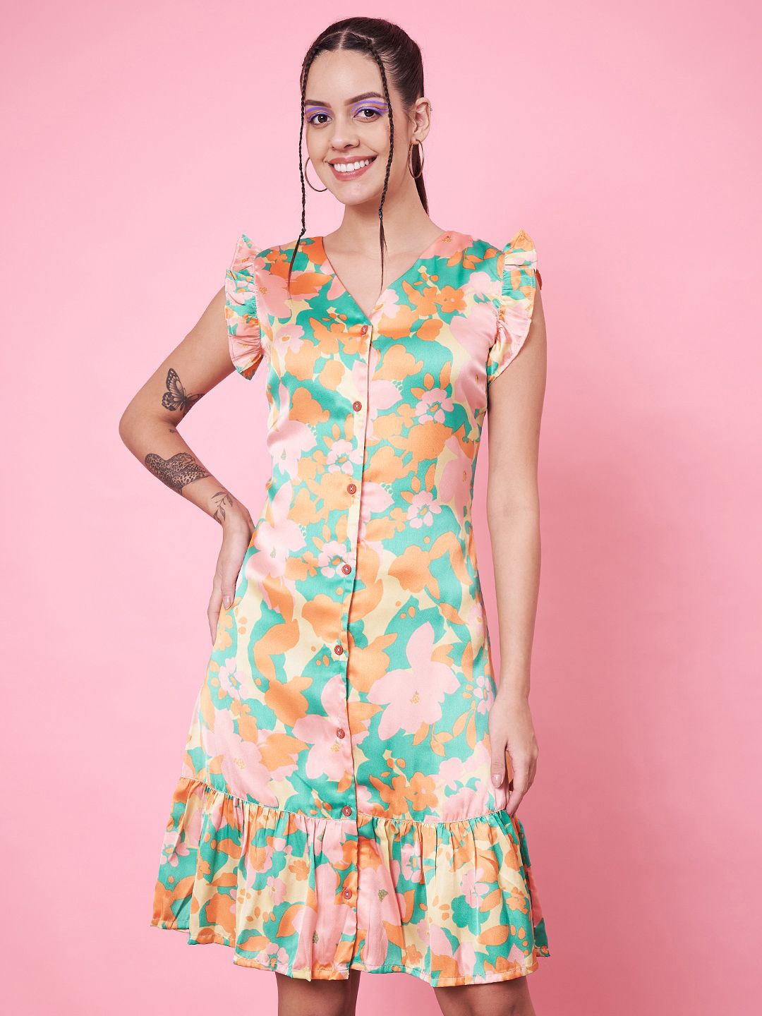 

Kannan Women Floral Print Flutter Sleeve Satin A-Line Dress, Green
