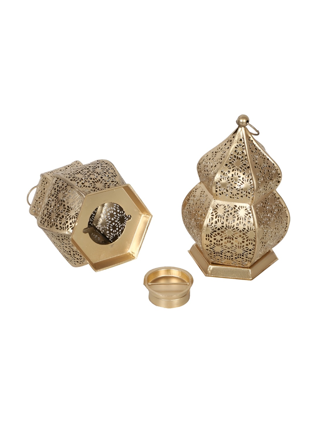 

Amaya Decors 2 Pieces Gold-Toned Hanging Hut Lantern Tealight Candle Holders, Yellow