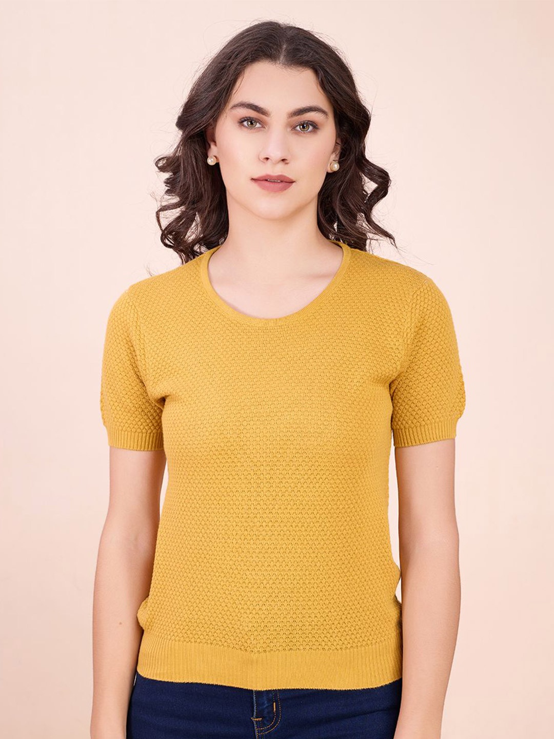 

CARTYSHOP Women Solid Round Neck Cotton Top, Yellow