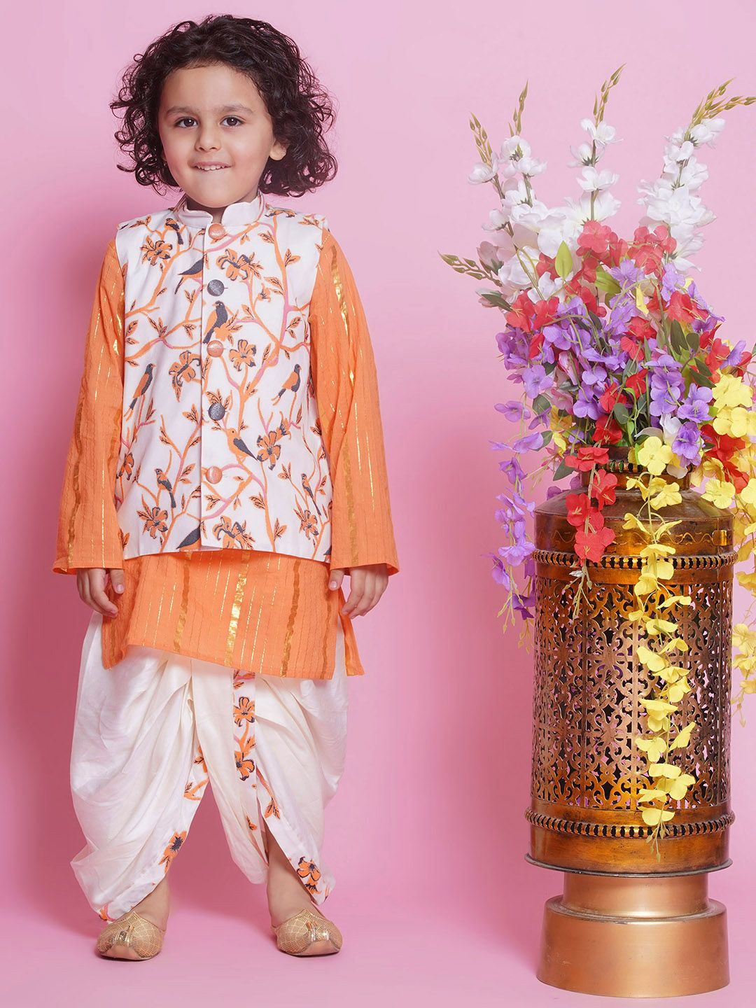 

Little Bansi Boys Striped Straight Pure Cotton Kurta with Dhoti Pants, Cream