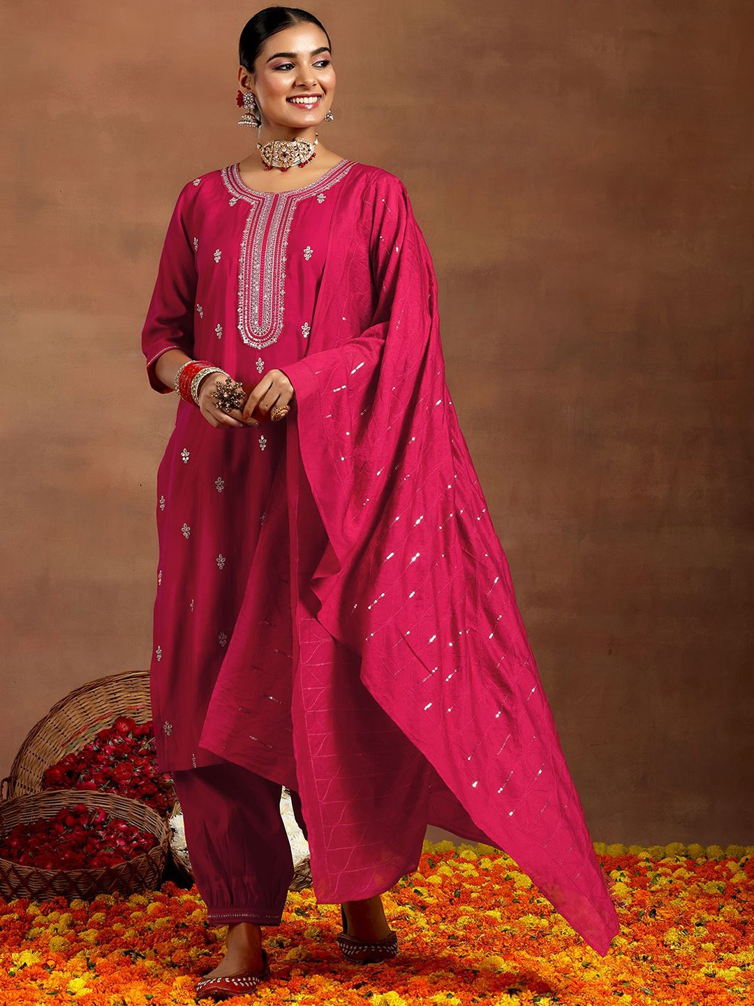 

Libas Ethnic Motifs Embroidered Sequinned Straight Kurta With Salwar & Dupatta, Pink