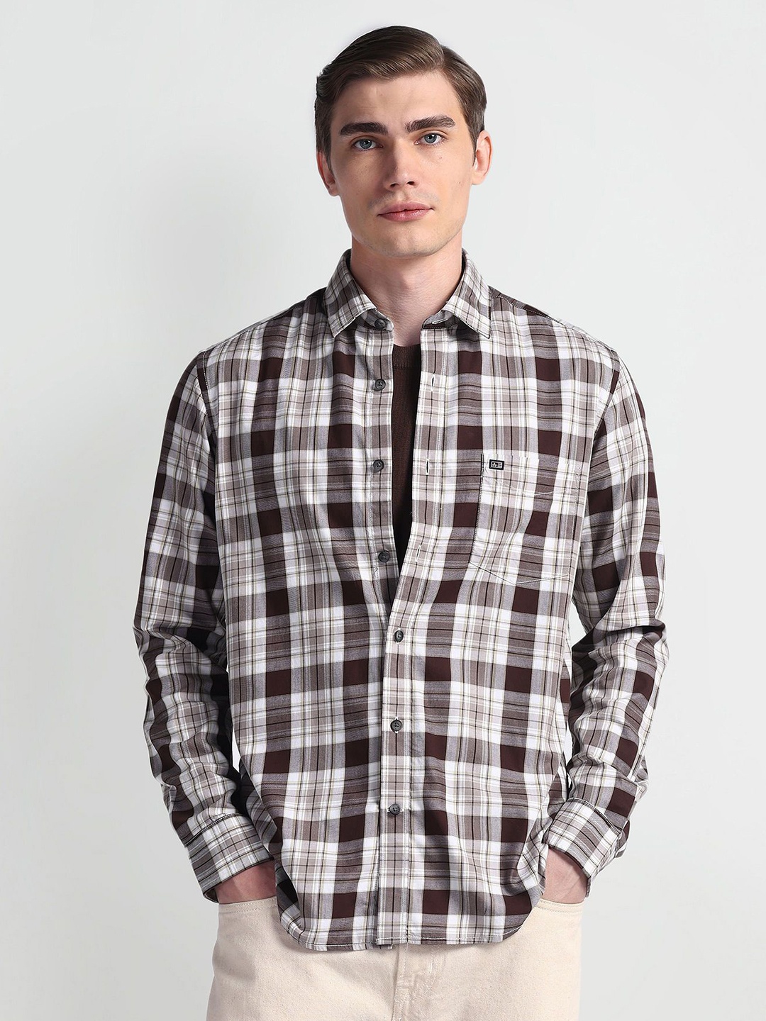 

Arrow Sport Men Slim Fit Tartan Checks Opaque Checked Casual Shirt, Brown