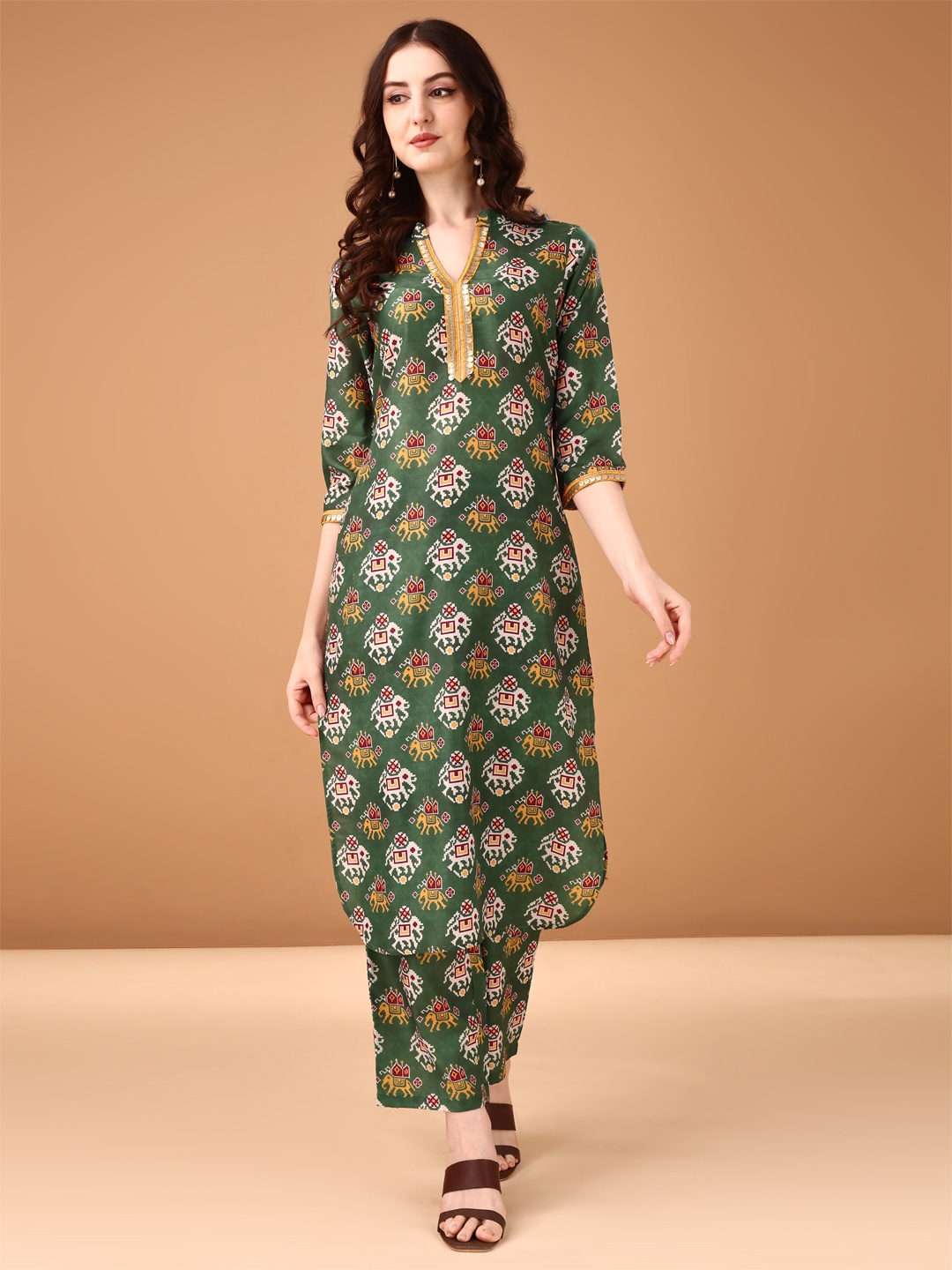 

Anouk Printed Pure Cotton Tunic With Trouser Co-Ords, Green