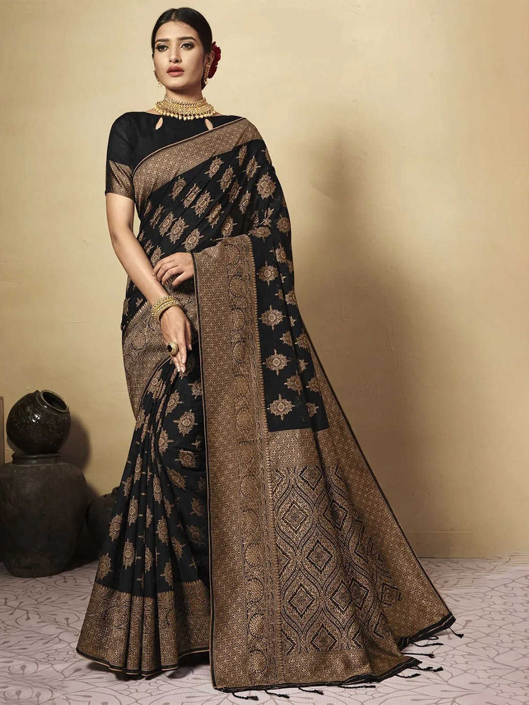 

MAHALASA Ethnic Motifs Zari Pure Cotton Chanderi Saree, Black