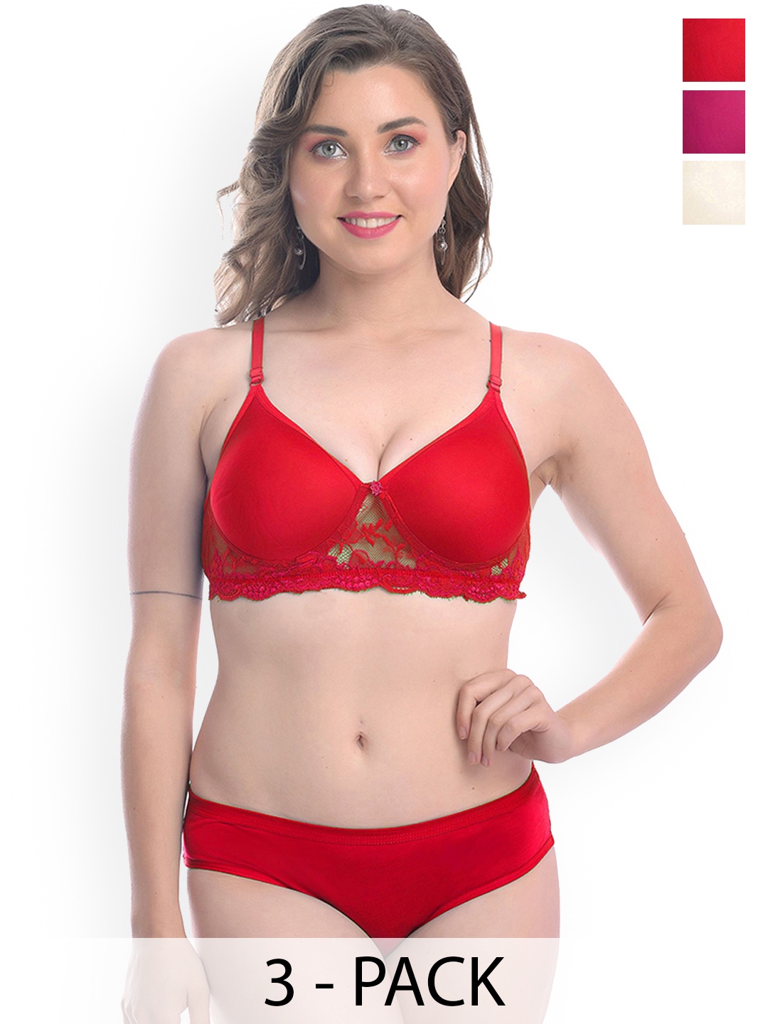 

AROUSY Women Pack Of 3 Cotton Lace Lightly Padded Lingerie Sets, Red