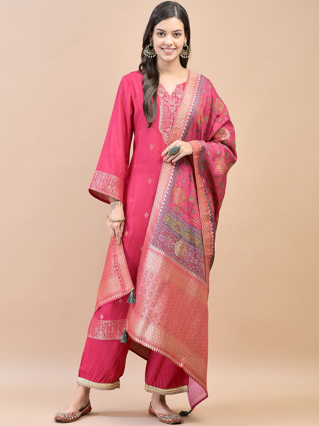 

Shree Woven Design Straight Kurta with Trousers & With Dupatta, Fuchsia