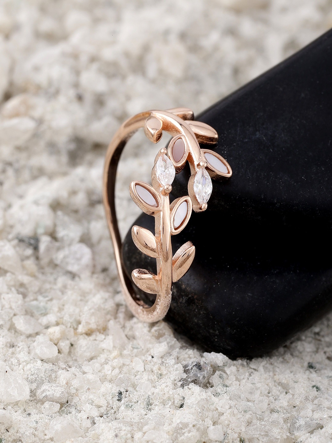 

DIAVO 925 Sterling Silver Rose Gold-Plated Stone Studded The Autumn Aura Finger Ring