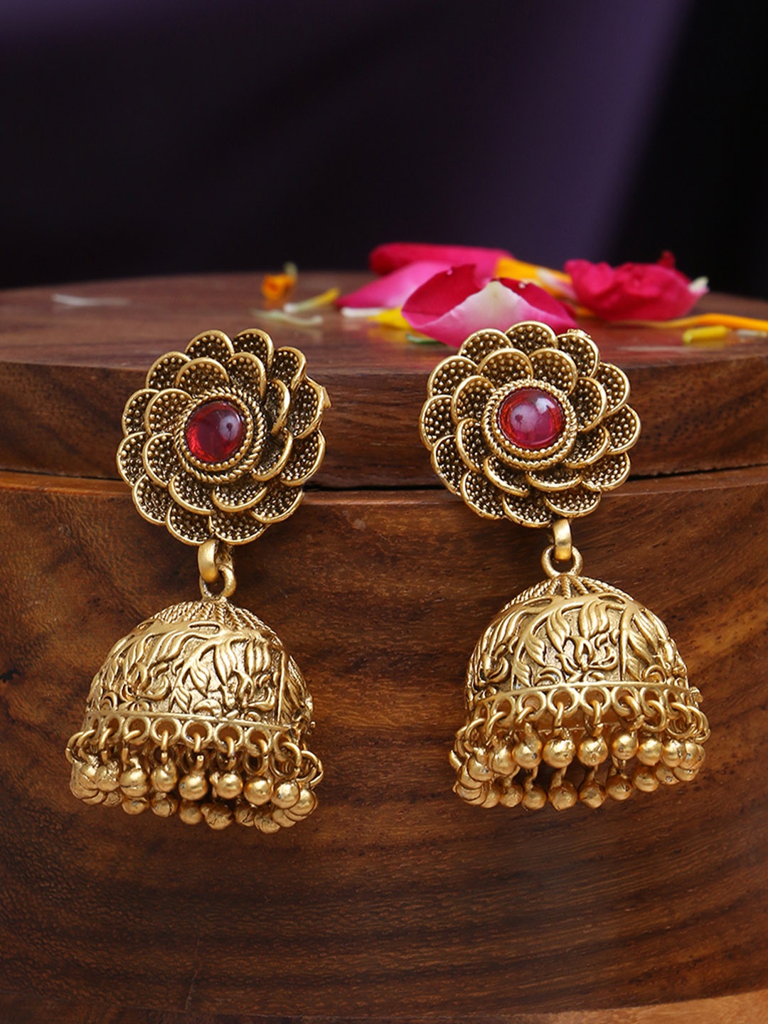 

Adwitiya Collection Gold-Plated Stone Studded Dome Shaped Jhumkas