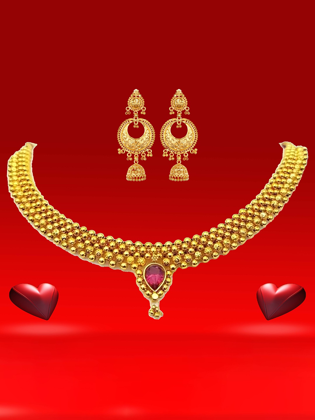 

Heer Collection Gold-Plated Ethnic Matte Finish Thushi Choker Necklace and Earrings