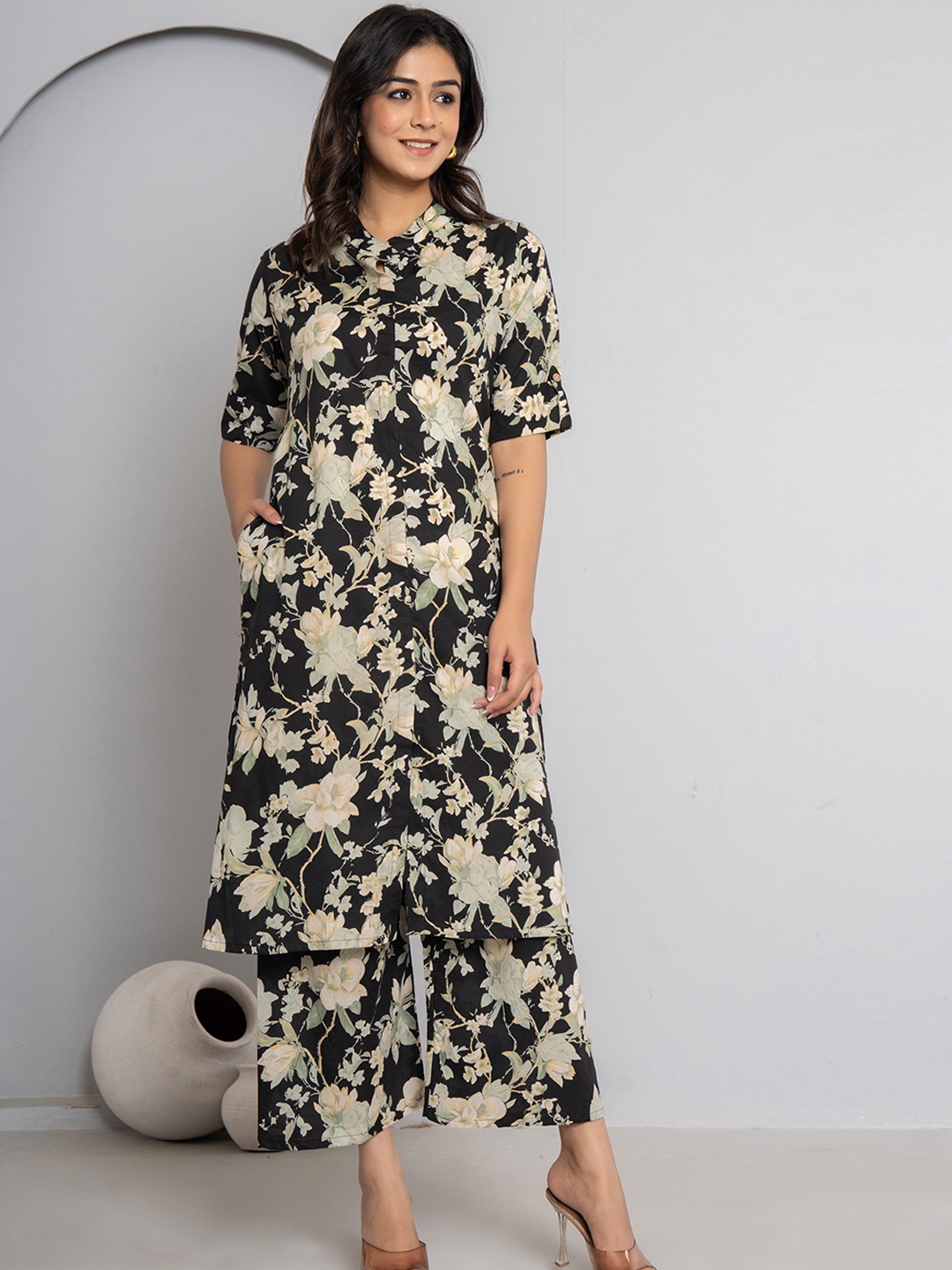 

JAIPURI BUNAAI Printed Mandarin Collar Pure Cotton Tunic & Palazzo, Black