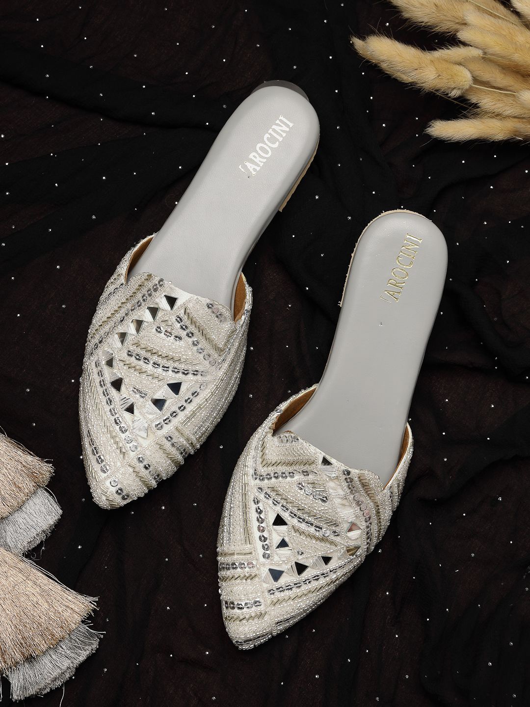 

NATSHUZ Women Embellished Mules Flats, Silver