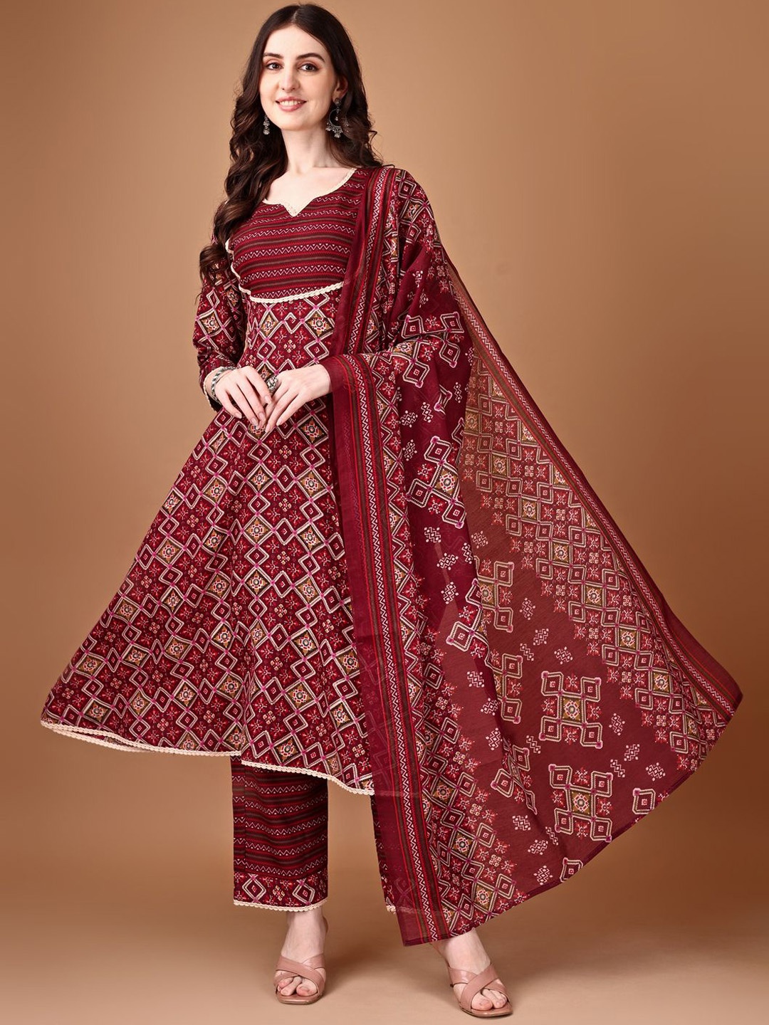 

KALINI Ethnic Motifs Printed Notch Neck Anarkali Kurta with Trousers & Dupatta, Maroon