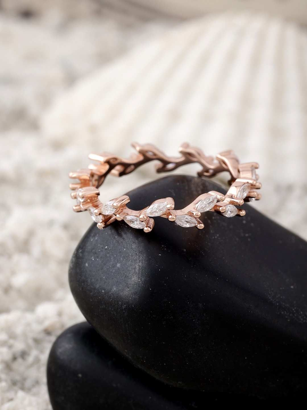 

DIAVO 925 Sterling Silver Rose Gold Plated Stones Studded Adjustable Finger Ring