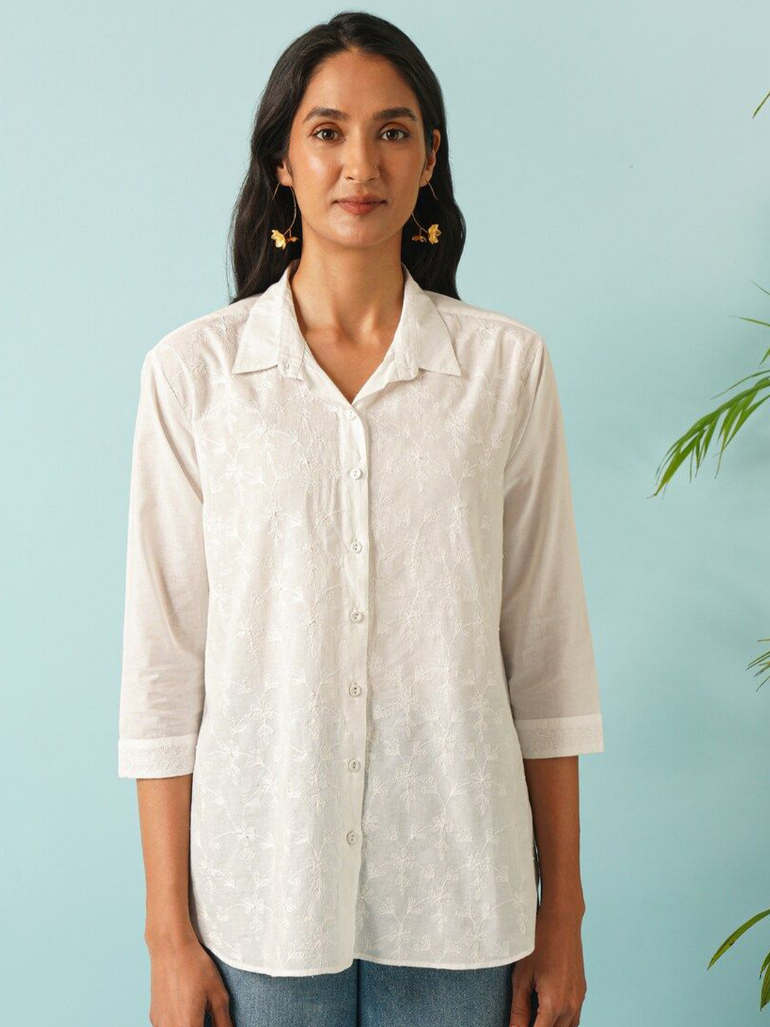 

JAYPORE Women Standard Spread Collar Floral Printed Cotton Casual Shirt, White