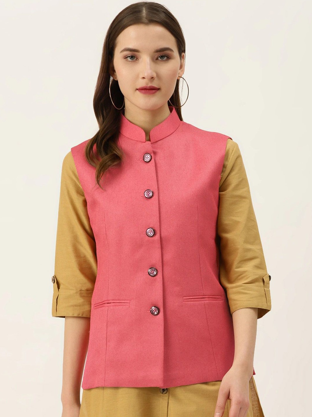 

KALINI Women Mandarian Collar Woven Nehru Jacket, Pink