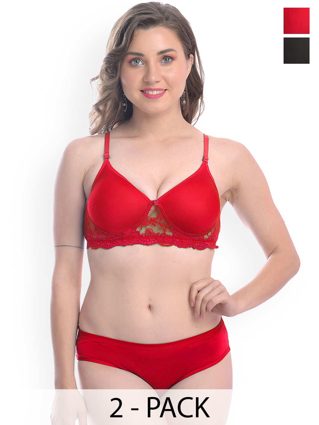 

AROUSY Pack Of 2 Laced Lightly-Padded Lingerie Set, Red