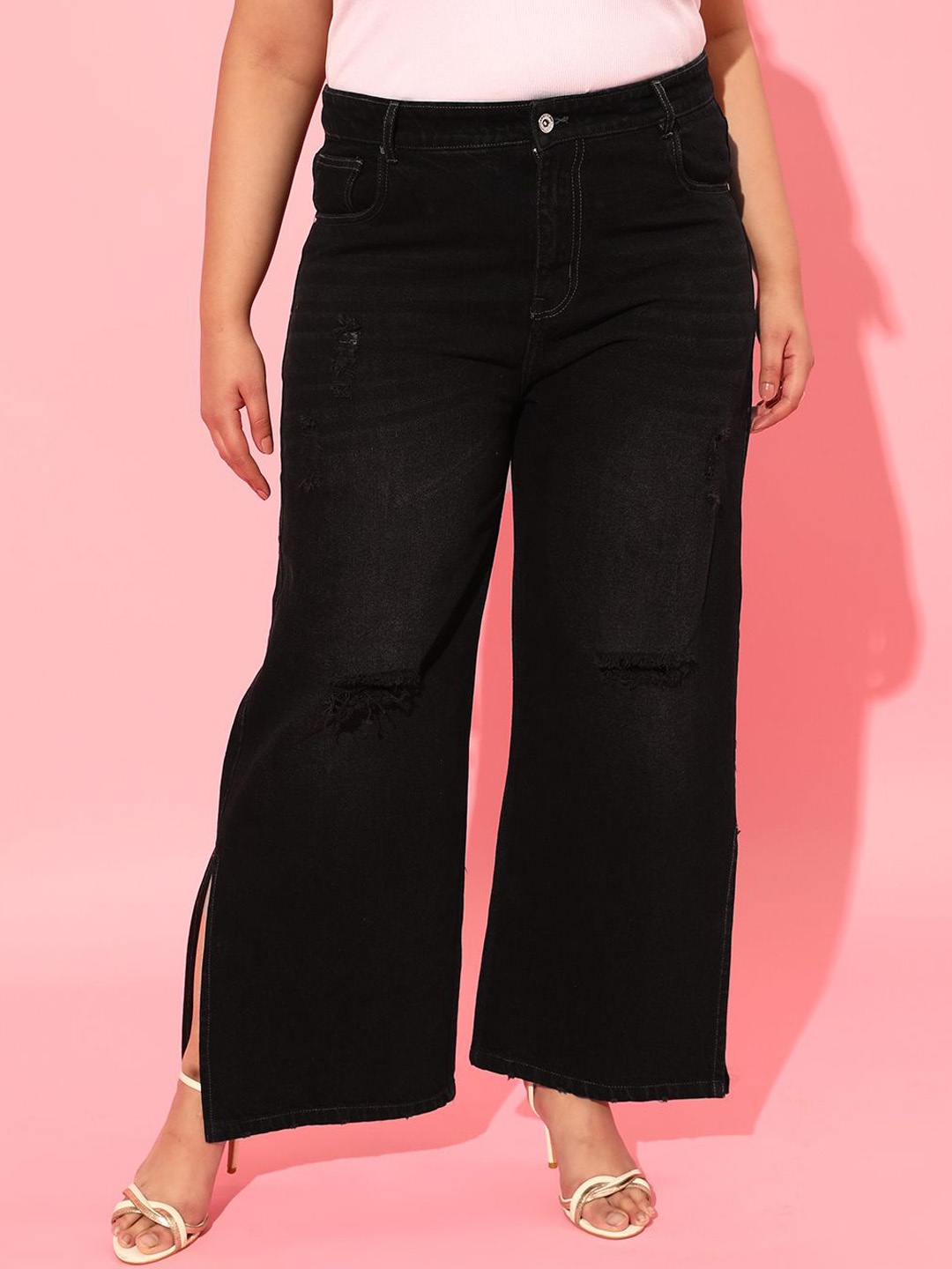 

CURVY STREET Women Flared High-Rise Low Distress Jeans, Black