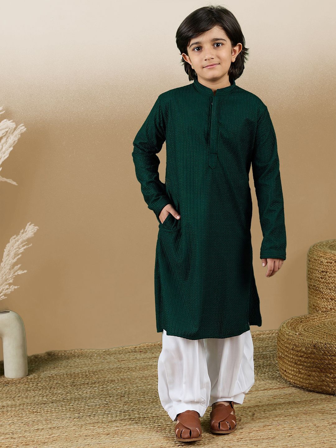 

Here&Now X Sanwara Boys Dapper & Dazzling Embroidered Chikankari Cotton Kurta with Patiala, Green