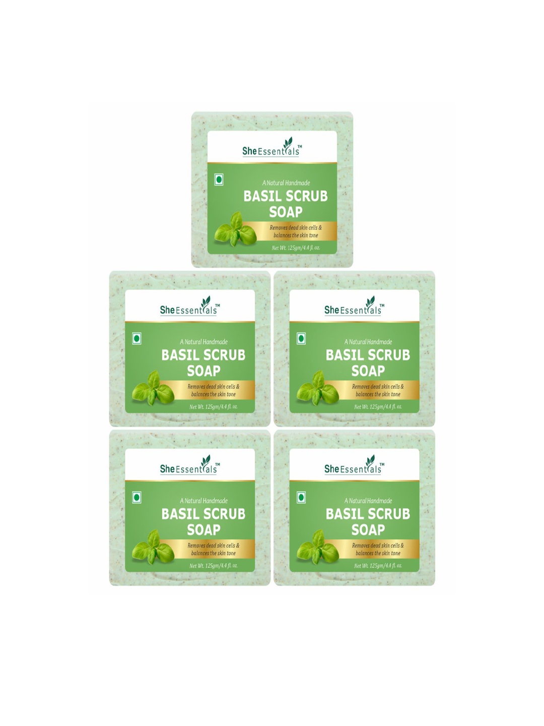 

She Essentials Set Of 5 Natural Basil Scrub Soap - 125 g Each, Transparent