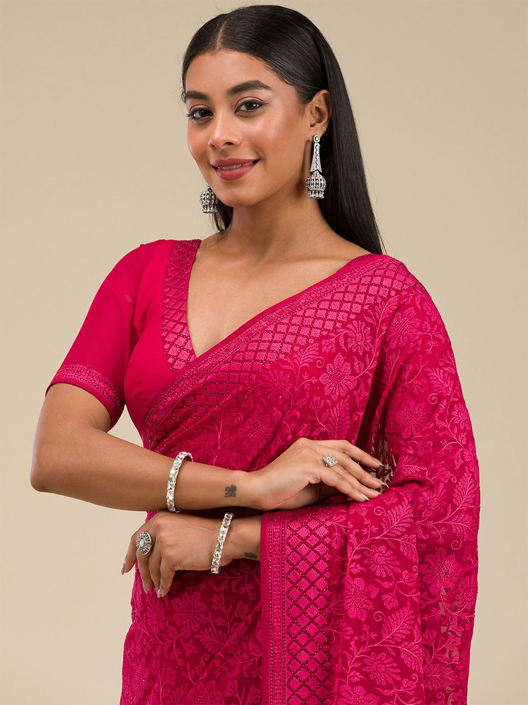 

Koskii Floral Embroidered Saree, Red
