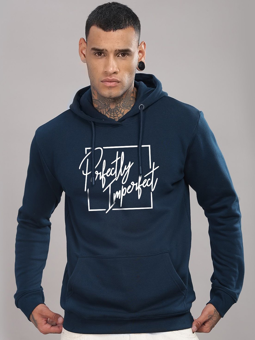 

ADRO Men Cotton Printed Hooded Sweatshirt, Teal