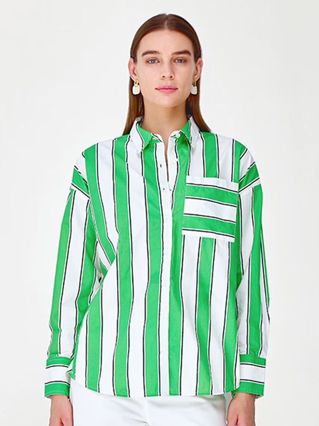 

COVER STORY Women Spread Collar Vertical Striped Cotton Casual Shirt, Green