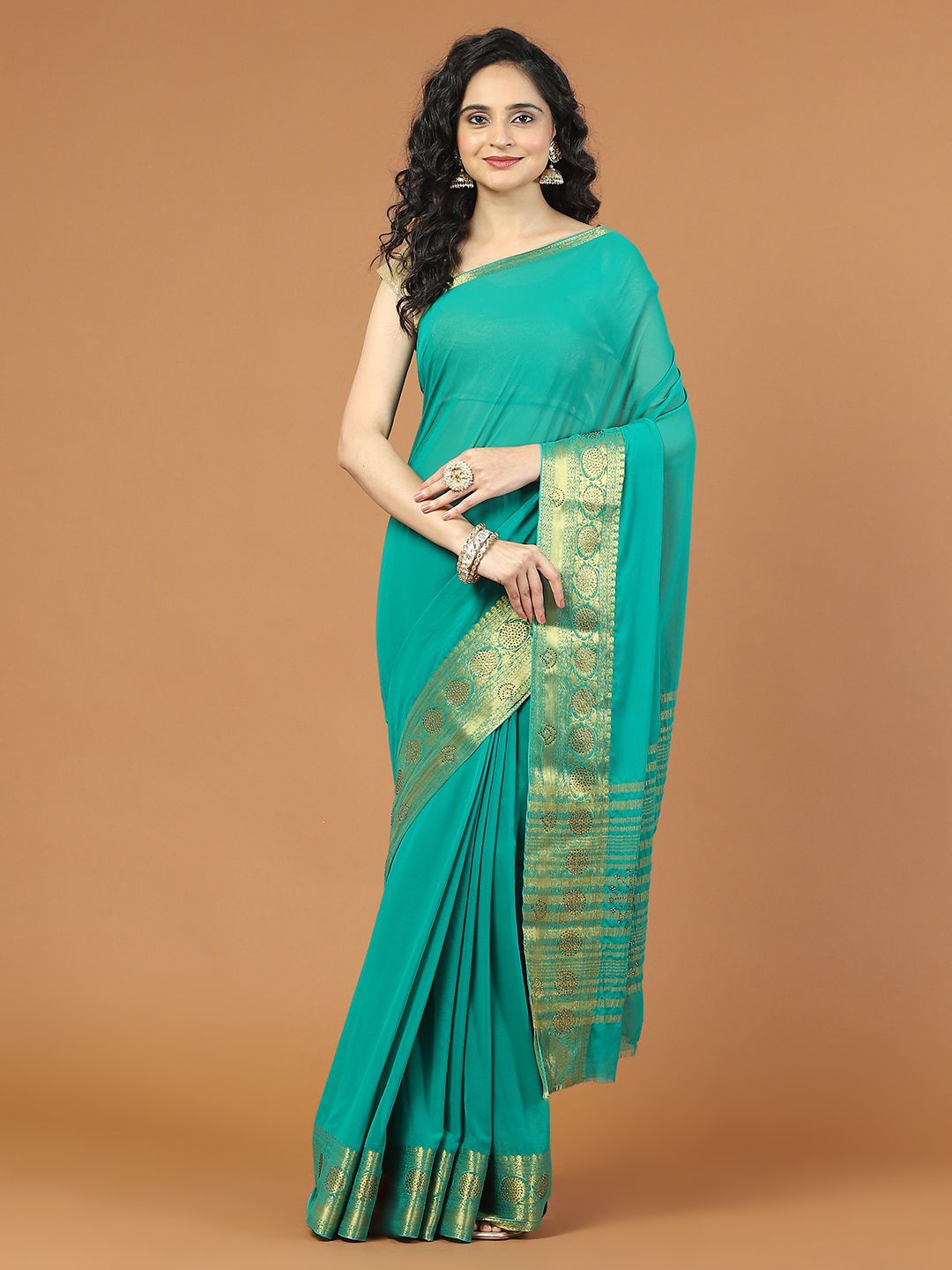 

Meena Bazaar Solid Zari Saree, Green