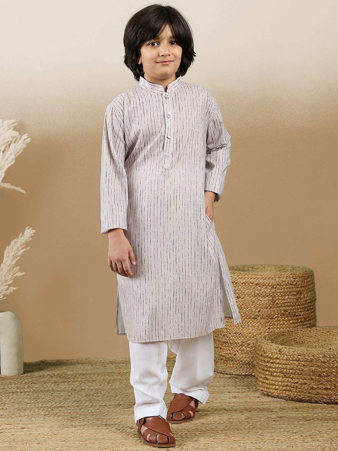 

Here&Now X Sanwara Boys Chic & Classic Striped Straight Cotton Kurta with Patiala, Beige